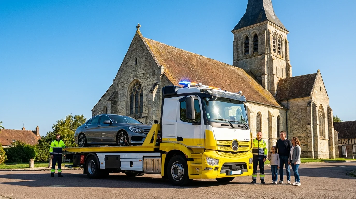 Dépanneuse Fast Depann intervenant devant l'église de Saint-Clair-sur-Epte pour une assistance auto rapide