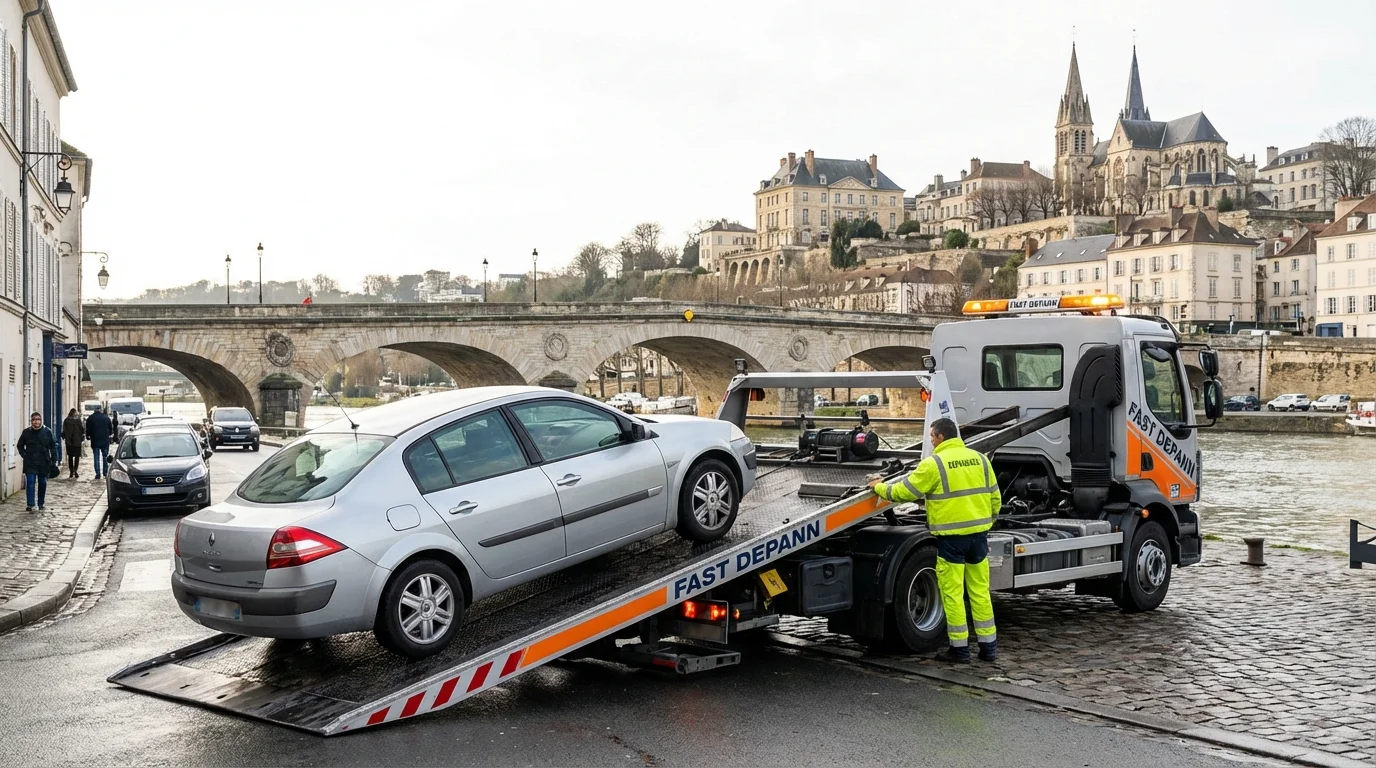 Dépanneuse Fast Depann intervenant sur un véhicule en panne près du Pont de Saint-Cloud dans les Hauts-de-Seine.