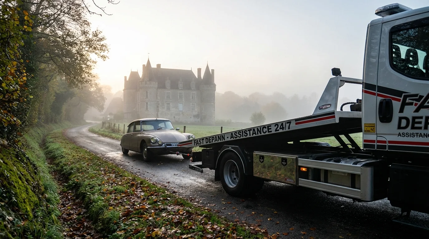 Dépanneuse Fast Depann intervenant sur une route de campagne à Saint-Cyr-en-Arthies devant le Château de la Bûcherie.