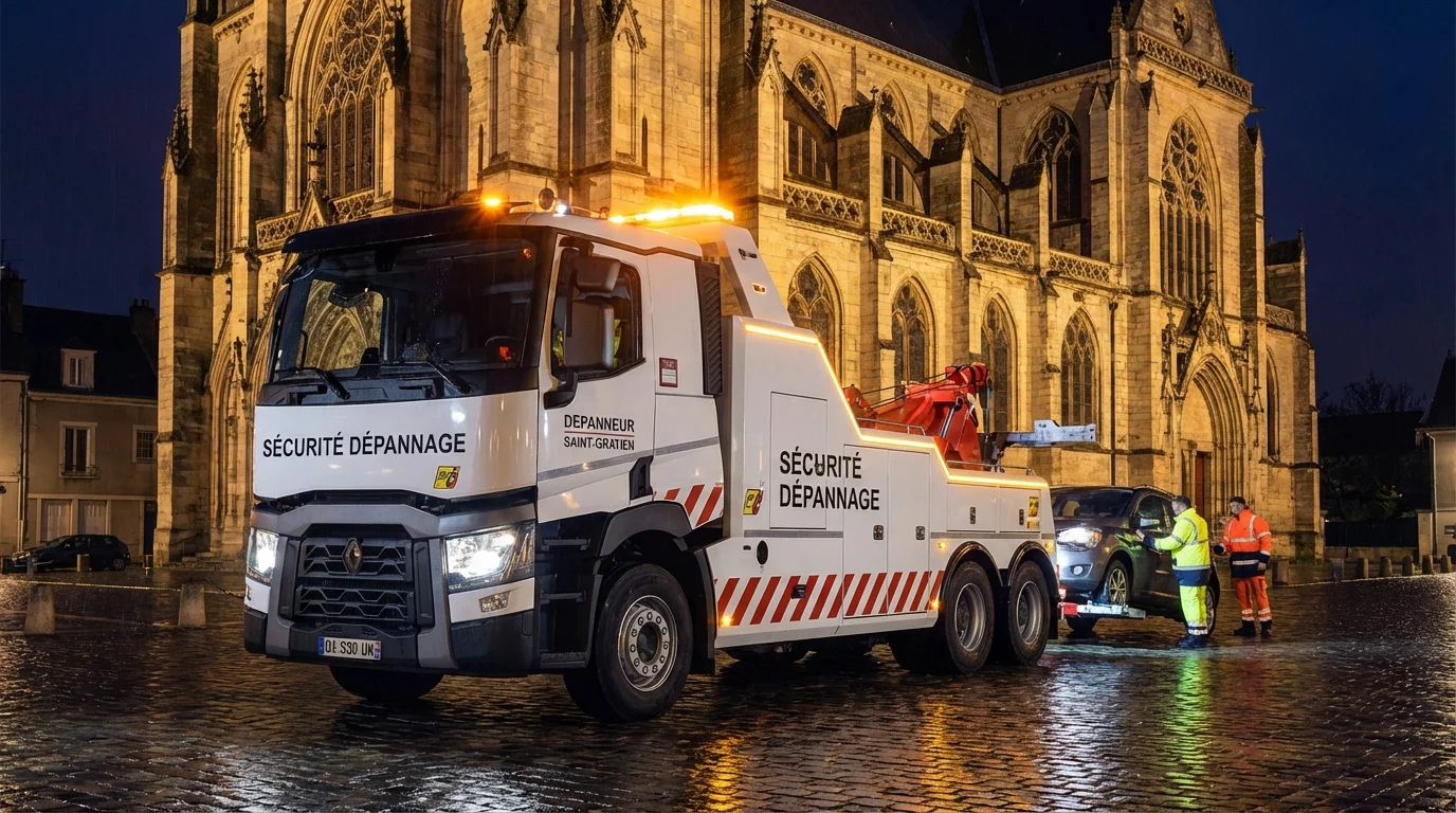 Dépanneuse Fast Depann en intervention devant l'église de Saint-Gratien