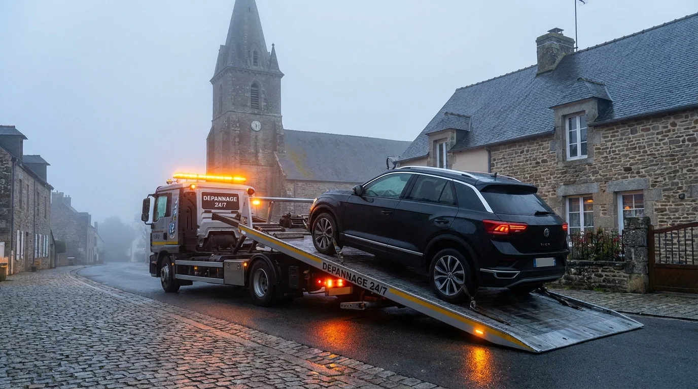 Dépanneuse Fast Depann en intervention à Saint-Jean-les-Deux-Jumeaux devant une église