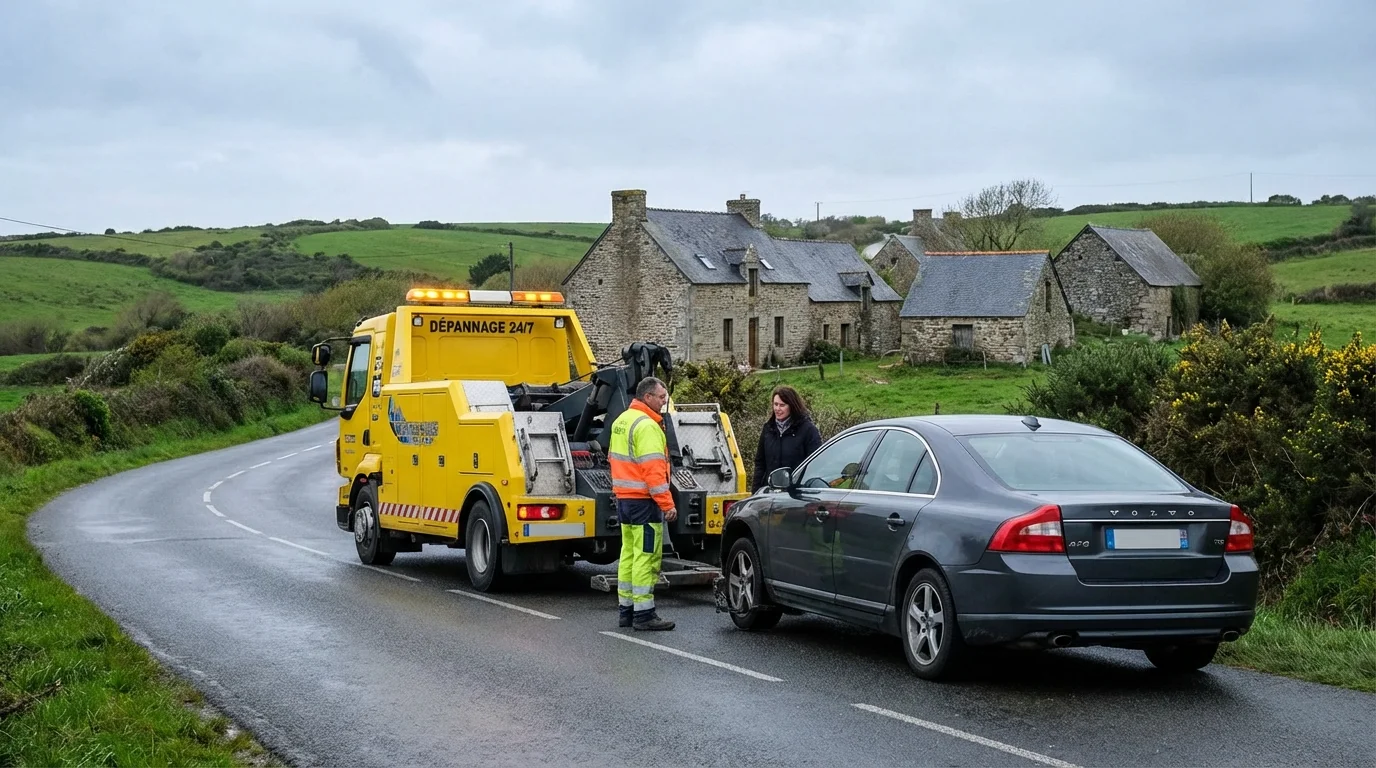 Dépanneuse Fast Depann intervenant sur une voiture en panne à Saint-Martin-des-Champs