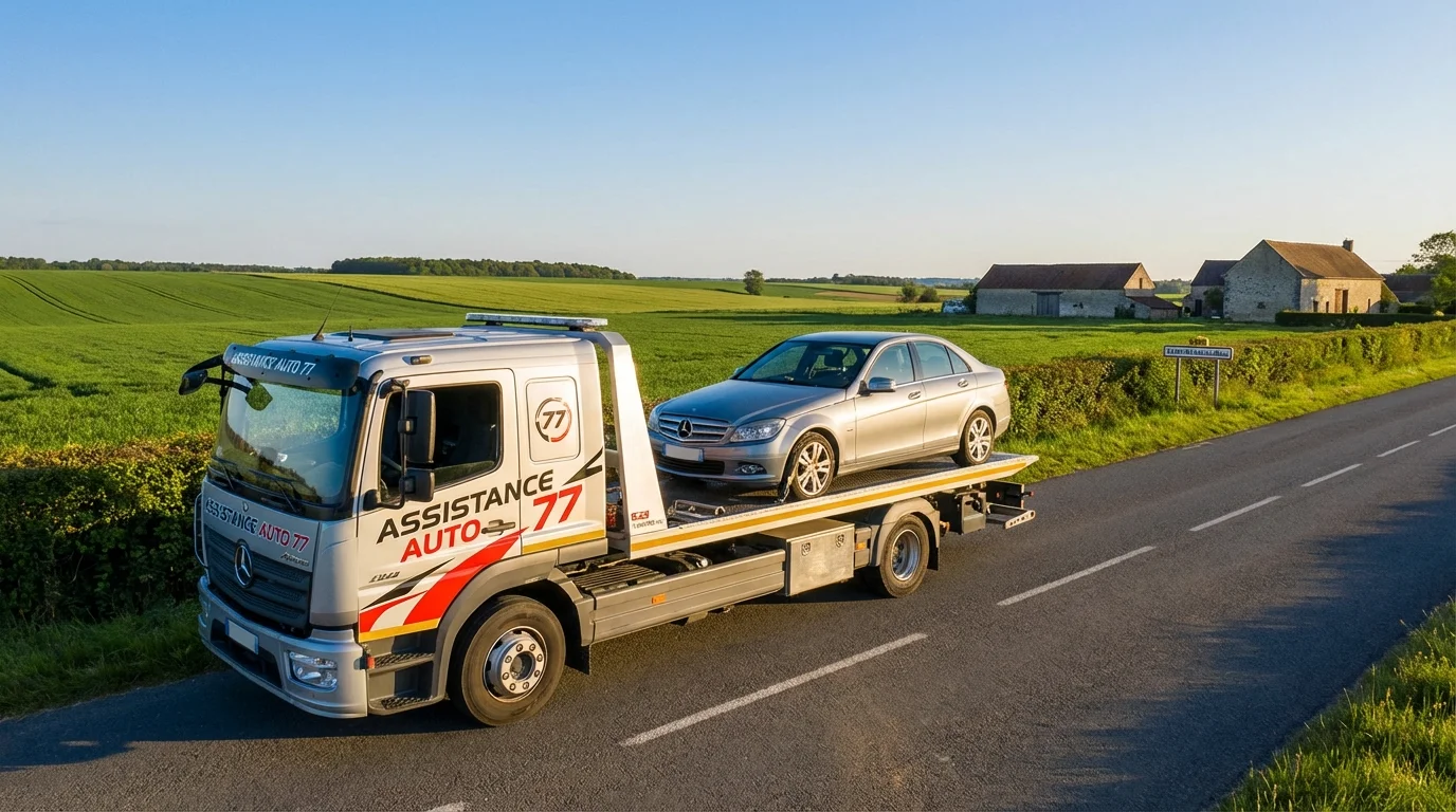 Dépanneuse Fast Depann en intervention sur une route de Saint-Ouen-en-Brie 77720