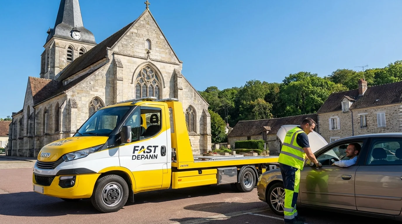 Dépanneuse Fast Depann intervenant devant l'église de Saint-Prix 95390 pour une assistance auto