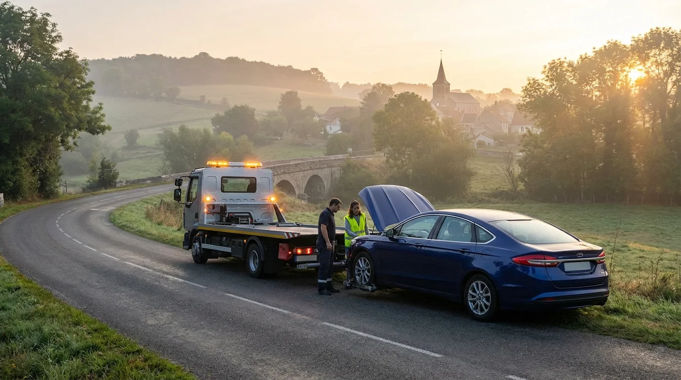 Dépanneuse Fast Depann en intervention sur une route de Saint-Simeon