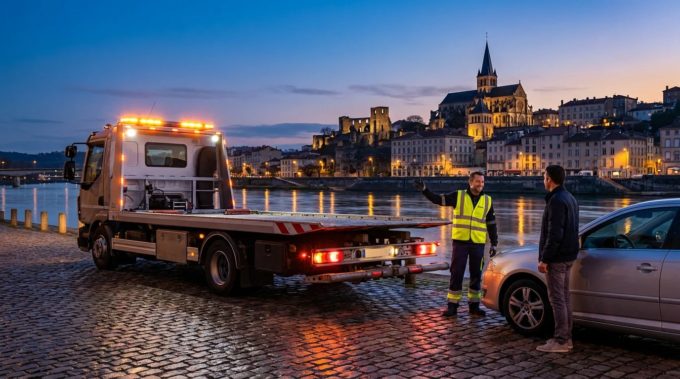 Dépanneuse Fast Depann en intervention à Sainte-Colombe avec vue sur le Rhône