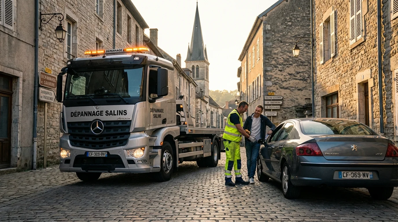 Dépanneuse Fast Depann en intervention dans une rue de Salins pour un remorquage automobile