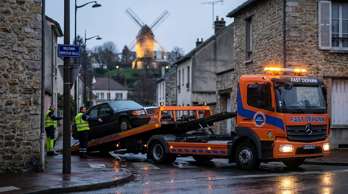 Dépanneuse Fast Depann en intervention nocturne à Sannois devant le Moulin Trouillet