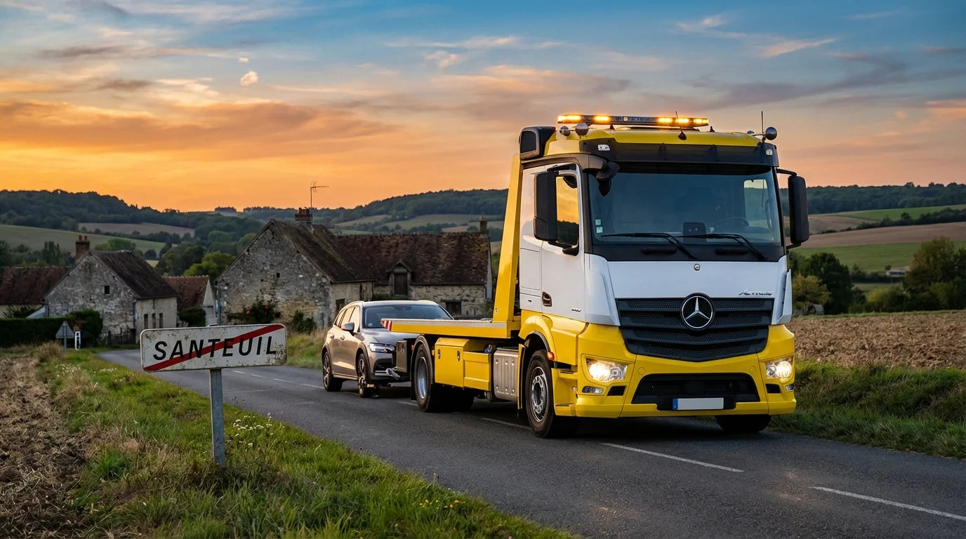 Dépanneuse Fast Depann intervenant sur une route de campagne à Santeuil 95640 pour une assistance automobile