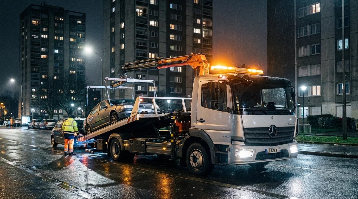 Dépanneuse Fast Depann intervenant de nuit pour un remorquage voiture à Sarcelles quartier Lochères