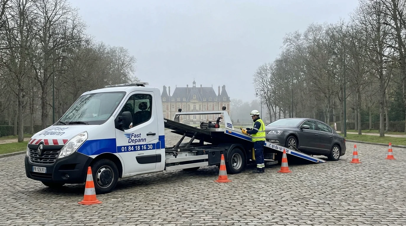 Dépanneuse Fast Depann en intervention de remorquage d'une voiture en panne dans une rue de Sceaux (92330) avec le Château en arrière-plan.