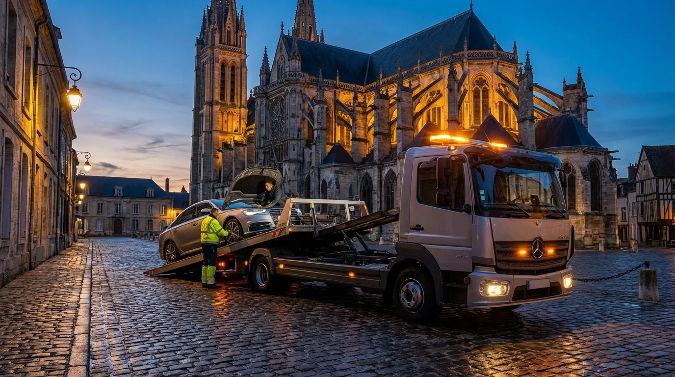 Dépanneuse Fast Depann en intervention devant la cathédrale de Senlis
