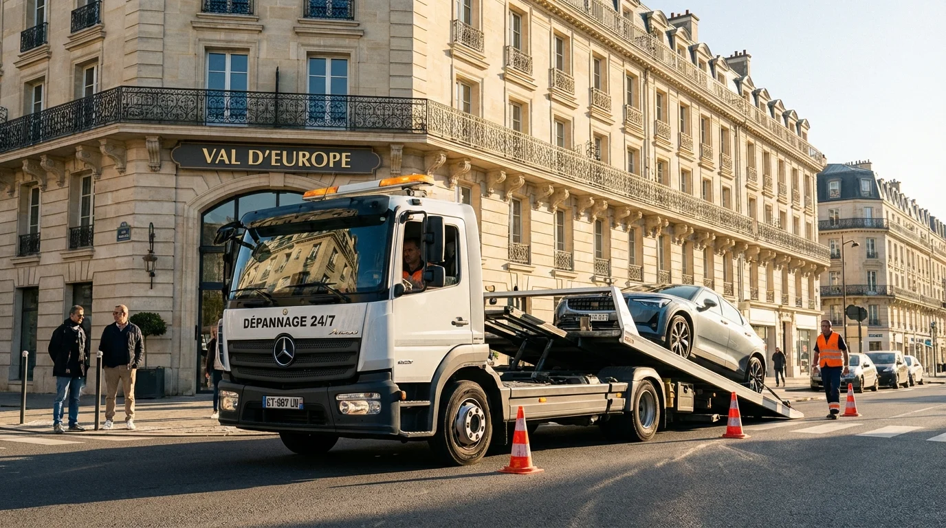 Dépanneuse Fast Depann intervenant sur une voiture en panne près du centre commercial Val d'Europe à Serris.