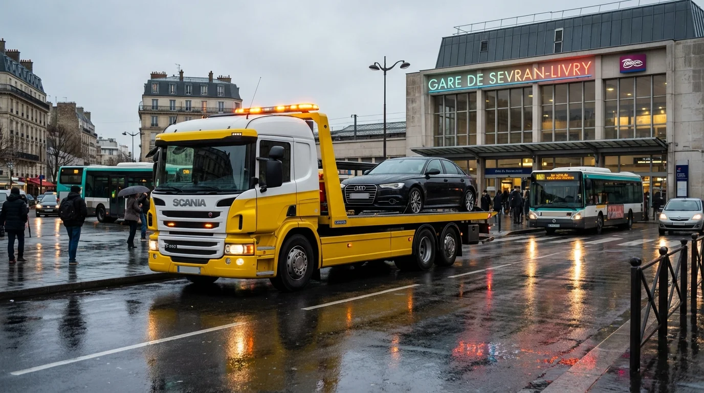 Dépanneuse Fast Depann en intervention à Sevran devant la gare