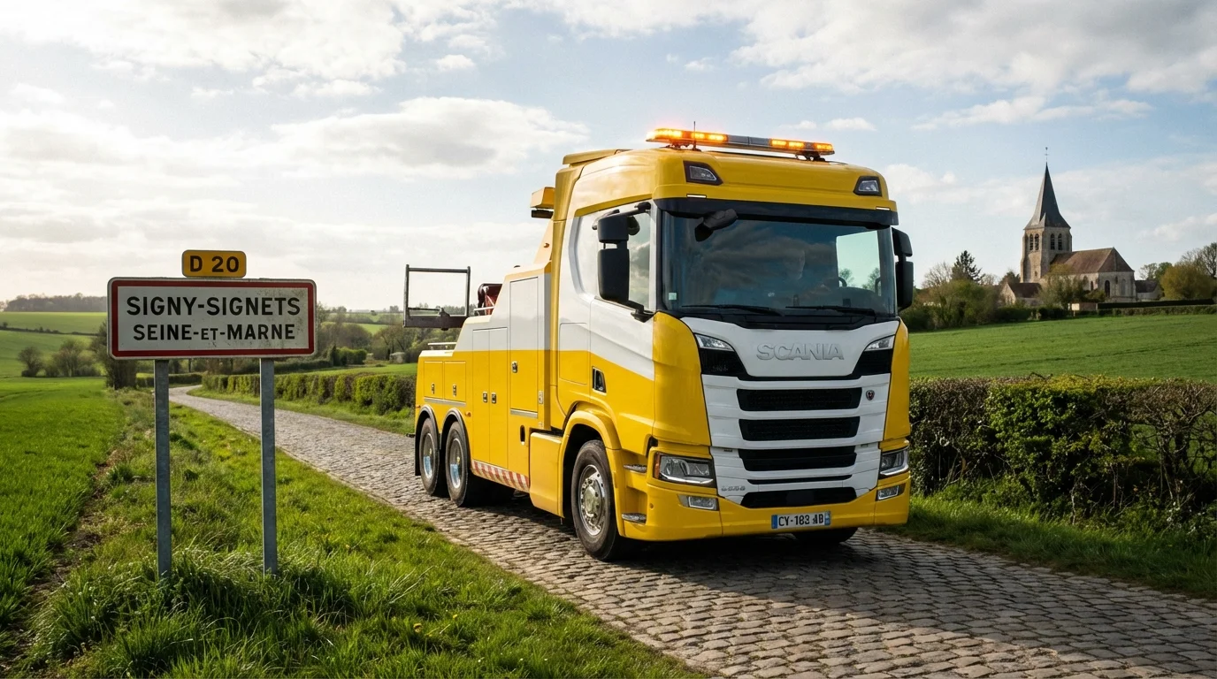 Dépanneuse Fast Depann en intervention sur une route de campagne à Signy-Signets (77640)