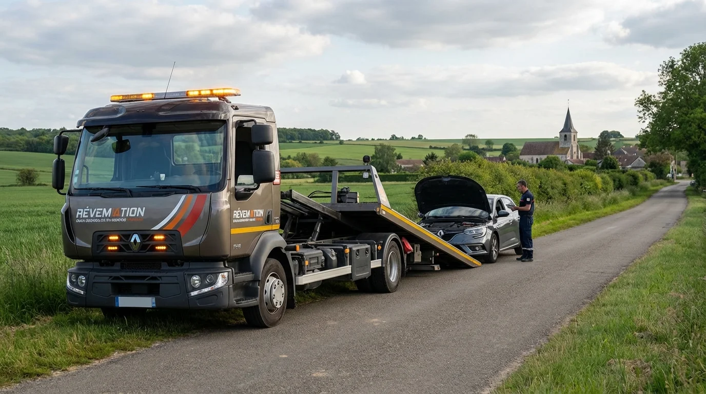 Camion de dépannage Fast Depann intervenant sur une voiture en panne à Sognolles-en-Montois (77520)