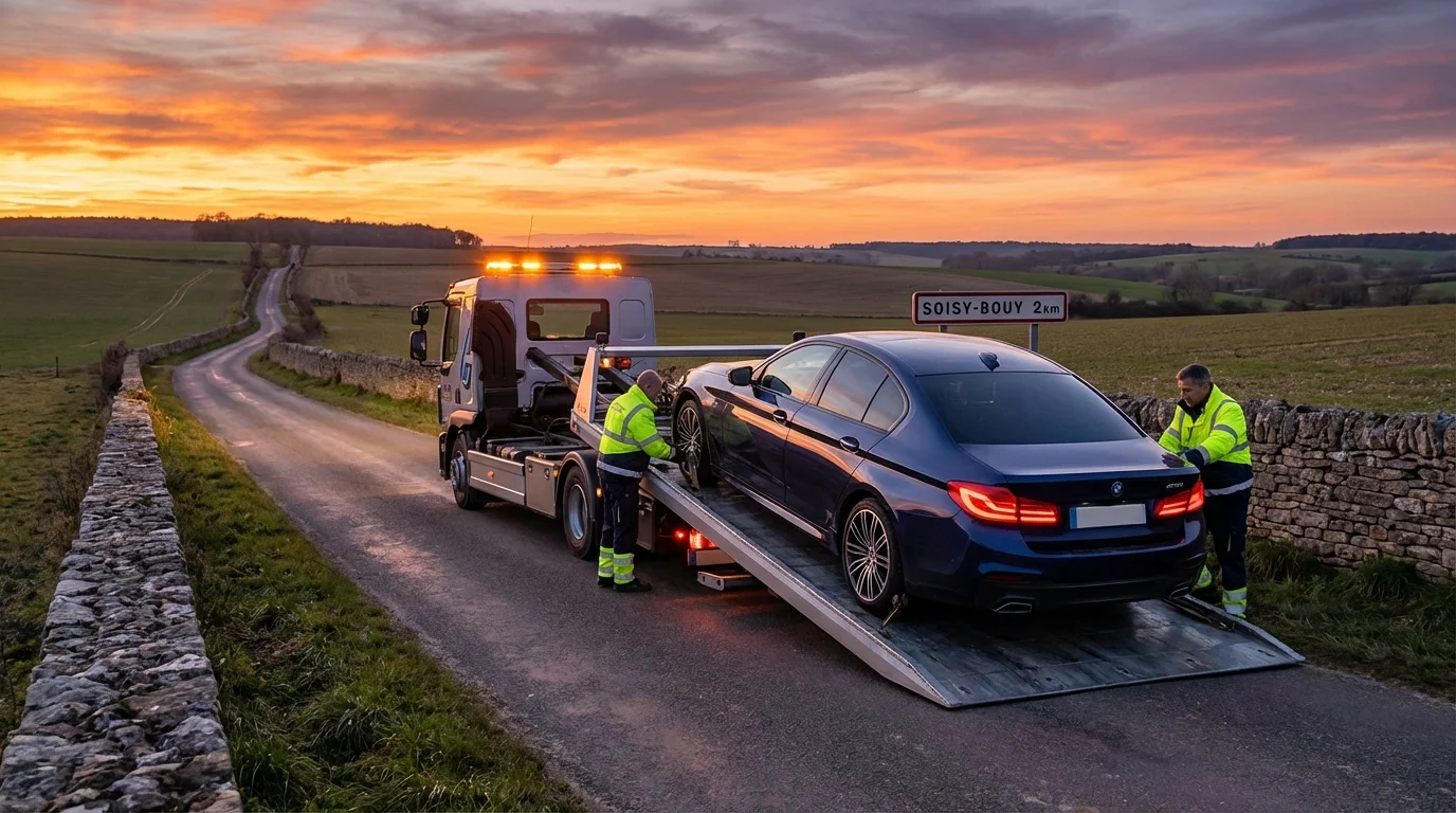 Dépanneuse Fast Depann en intervention sur une route à Soisy-Bouy 77650