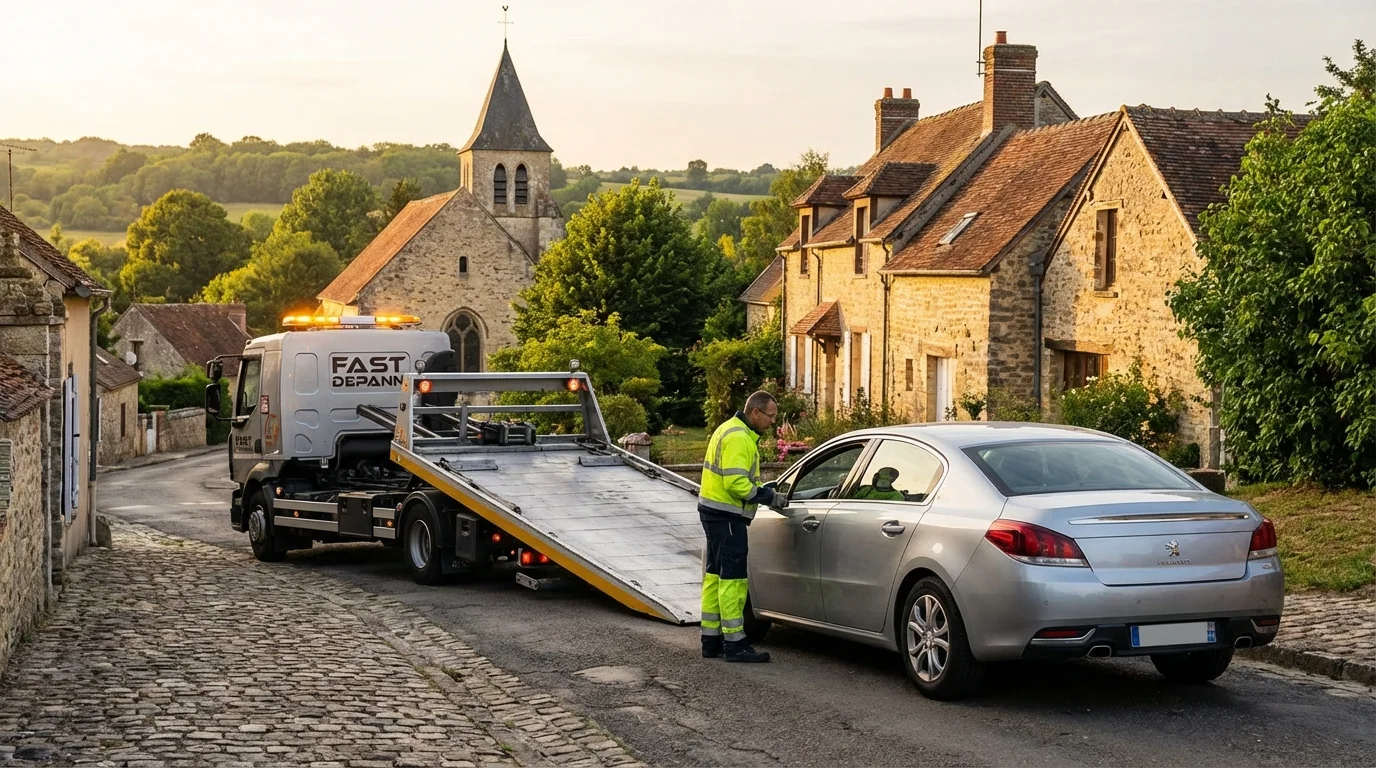 Camion de dépannage Fast Depann intervenant sur une panne voiture dans une rue pavée de Theuville (95810) avec maisons en pierre du Vexin en arrière-plan.