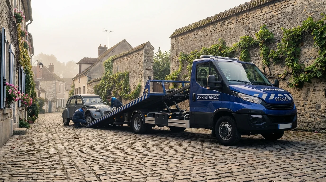 Dépanneuse Fast Depann intervenant pour une voiture en panne dans une rue de Thomery près des murs à raisins