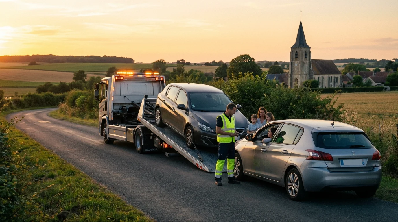 Dépanneuse Fast Depann en intervention sur une route de campagne à Thoury-Férottes 77156