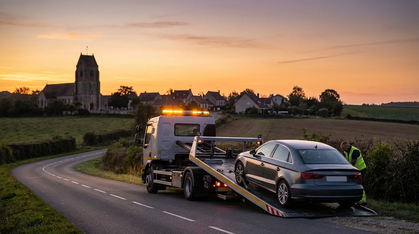 Dépanneuse Fast Depann en intervention sur une route de campagne à Touquin 77131