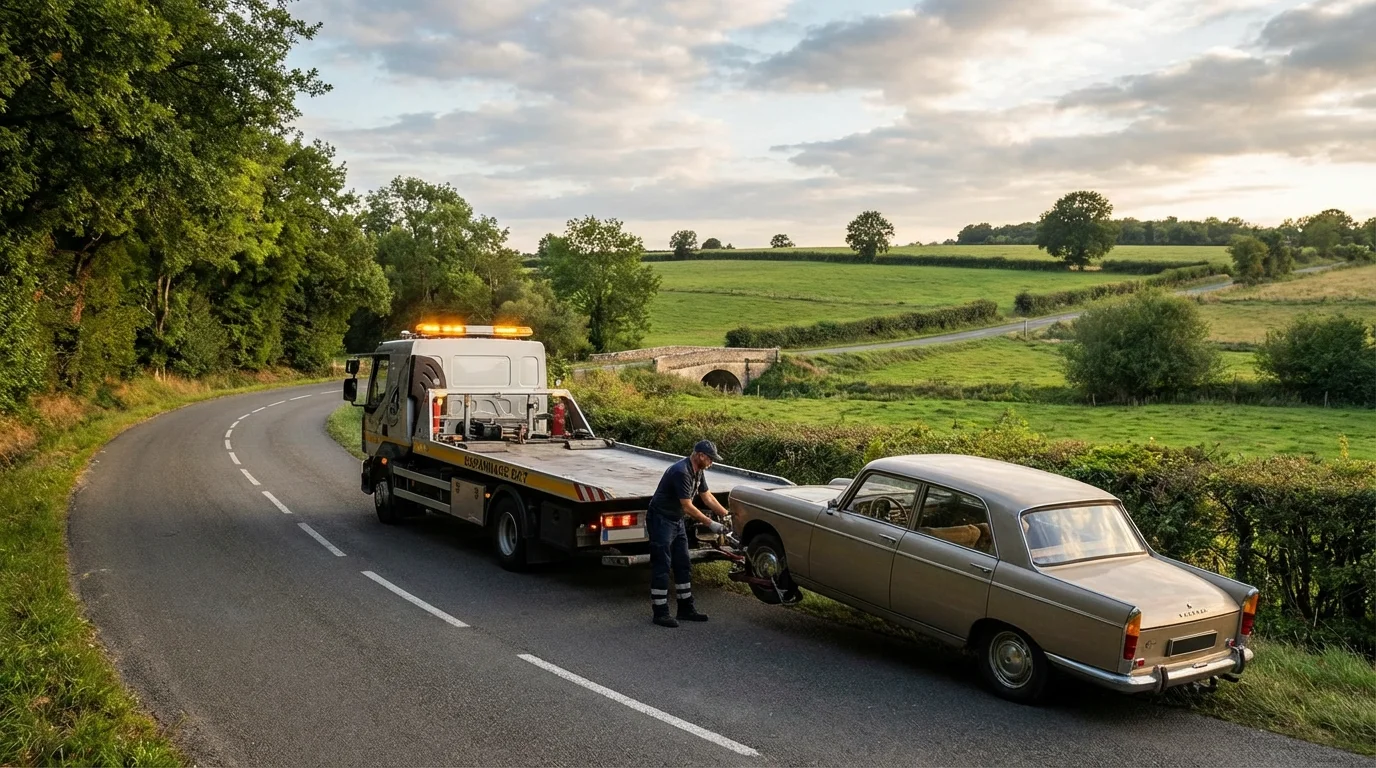 Dépanneuse Fast Depann en intervention sur une route de campagne à Tousson 77123