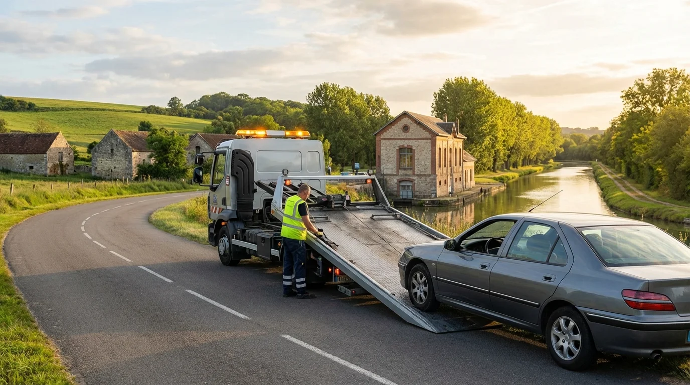 Dépanneuse Fast Depann en intervention sur une route de Trilbardou près de l'usine élévatoire