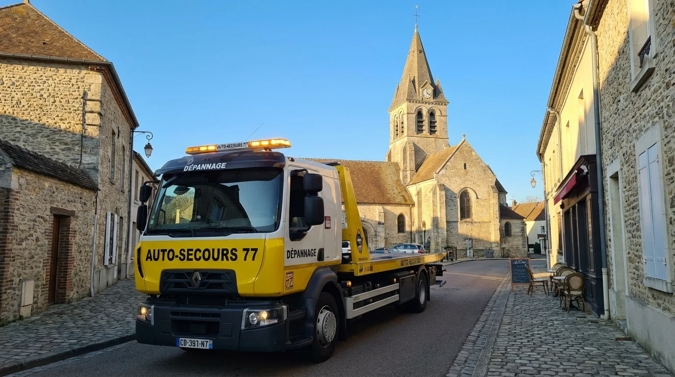 Camion de dépannage Fast Depann en intervention dans le centre du village d'Ury 77760