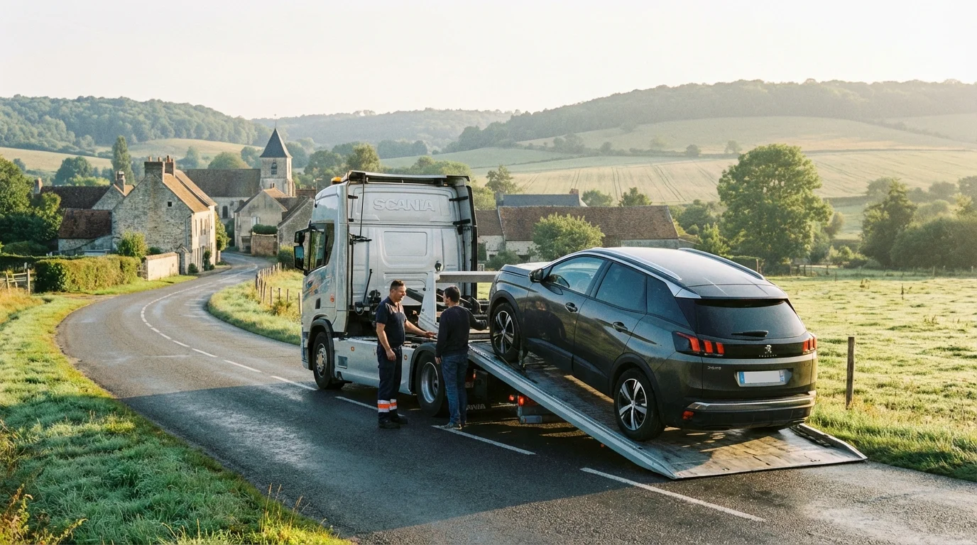 Dépanneuse intervenant sur une route de campagne à Vallangoujard dans le Vexin