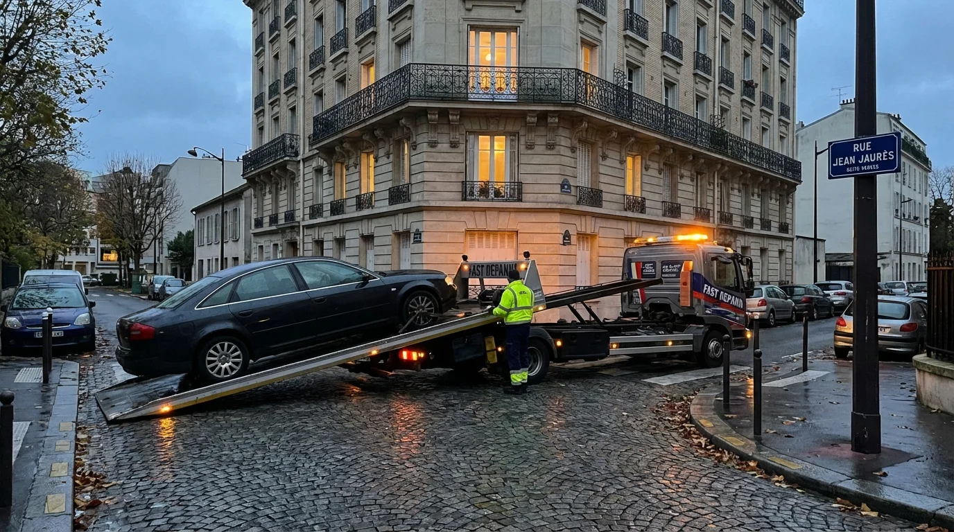 Intervention de dépannage auto par Fast Depann rue Jean Jaurès à Vanves, chargeant un véhicule en panne sur un camion plateau au crépuscule.