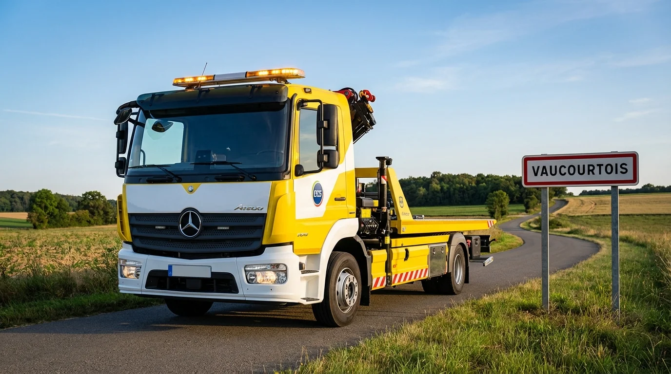 Dépanneuse Fast Depann en intervention à Vaucourtois devant le panneau de la ville