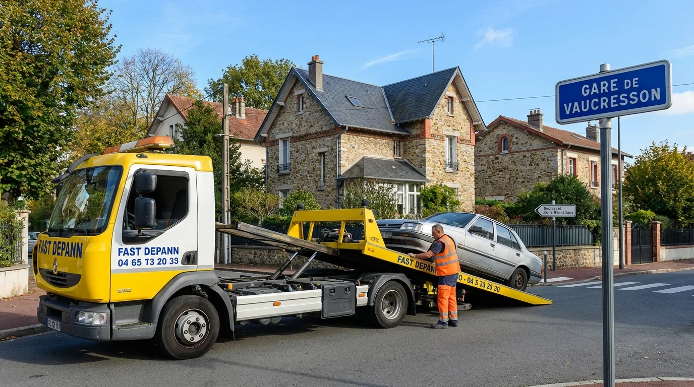 Camion de dépannage Fast Depann en intervention pour remorquer une voiture en panne dans une rue de Vaucresson.