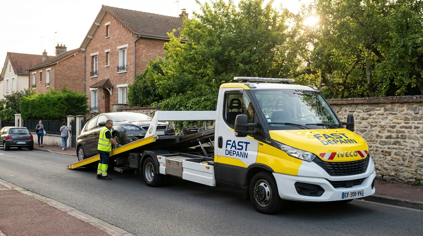 Dépanneuse Fast Depann intervenant pour un remorquage auto dans une rue pavillonnaire de Vaujours 93410