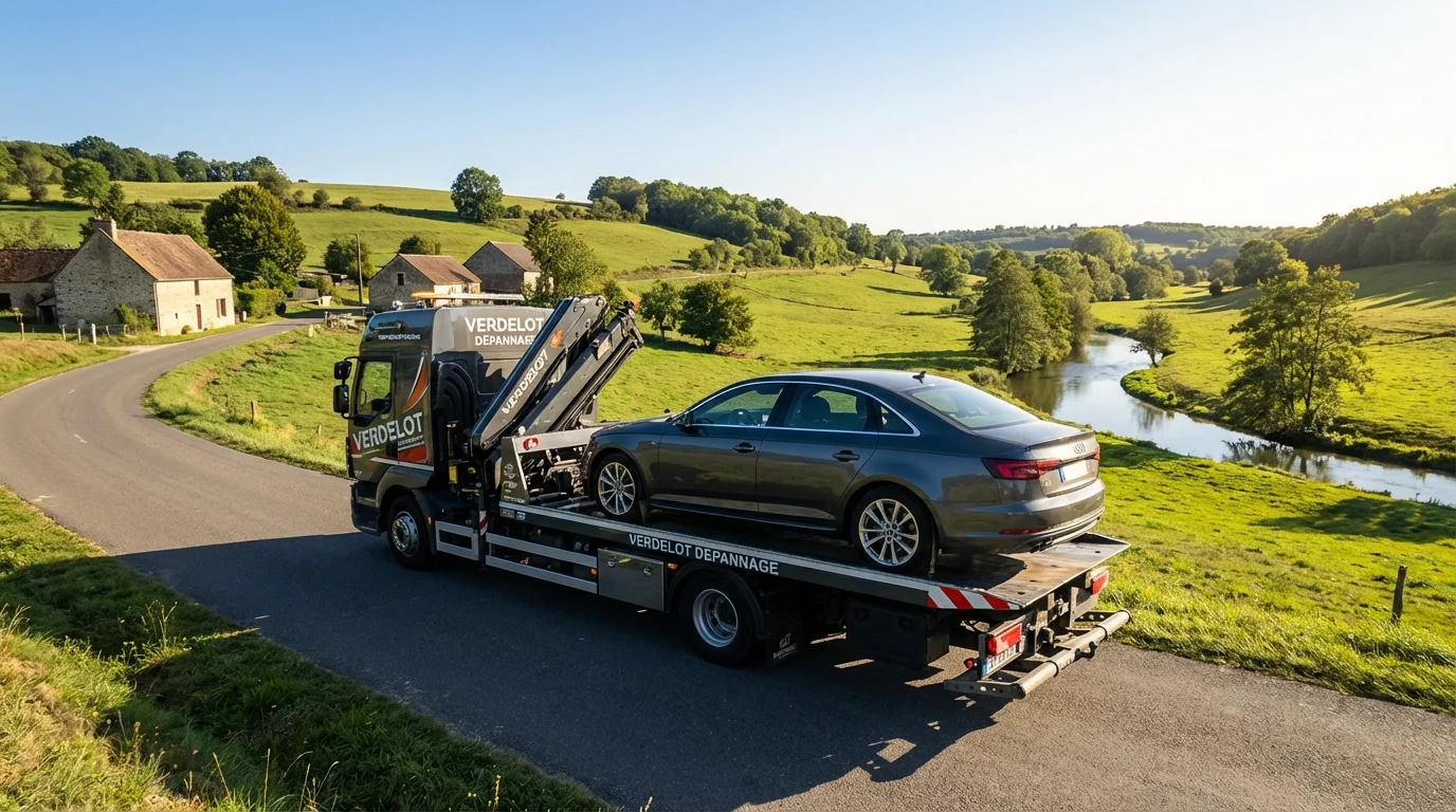 Dépanneuse Fast Depann intervenant sur une route de campagne à Verdelot 77510
