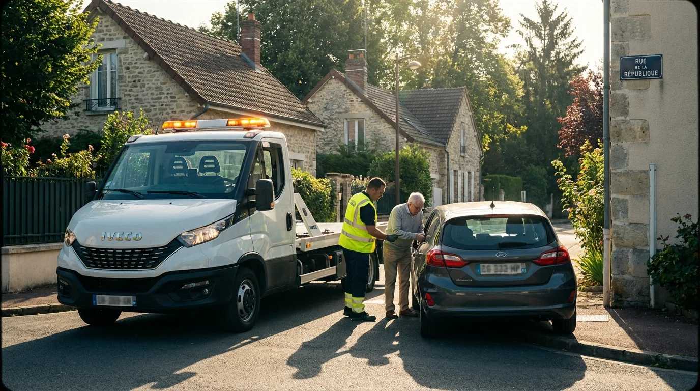 Dépanneuse Fast Depann en intervention rue Pasteur à Vert-Saint-Denis
