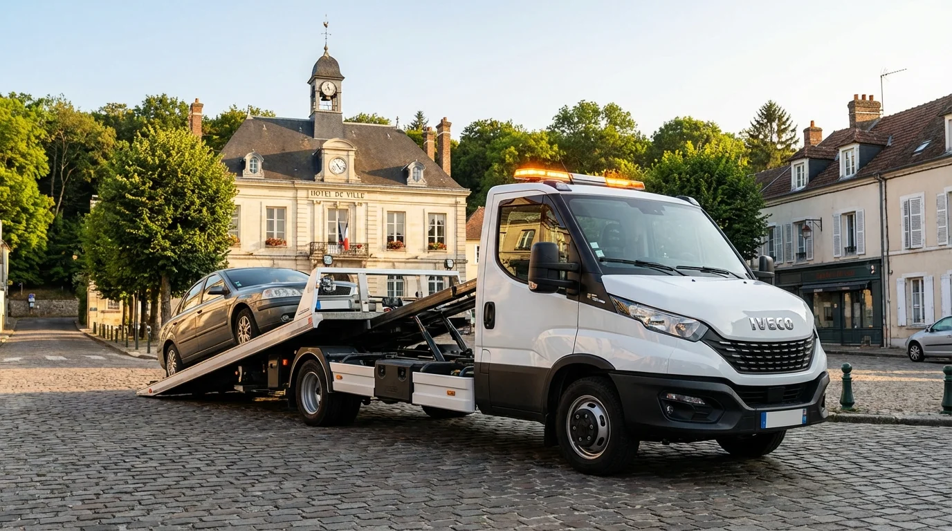 Dépanneuse Fast Depann intervenant pour un remorquage voiture devant la mairie de Viarmes 95270.