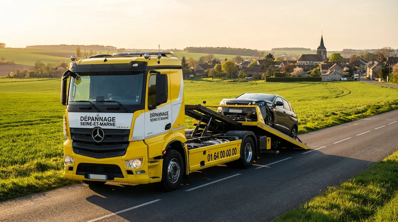 Dépanneuse Fast Depann intervenant sur une route de campagne à Vieux-Champagne 77370
