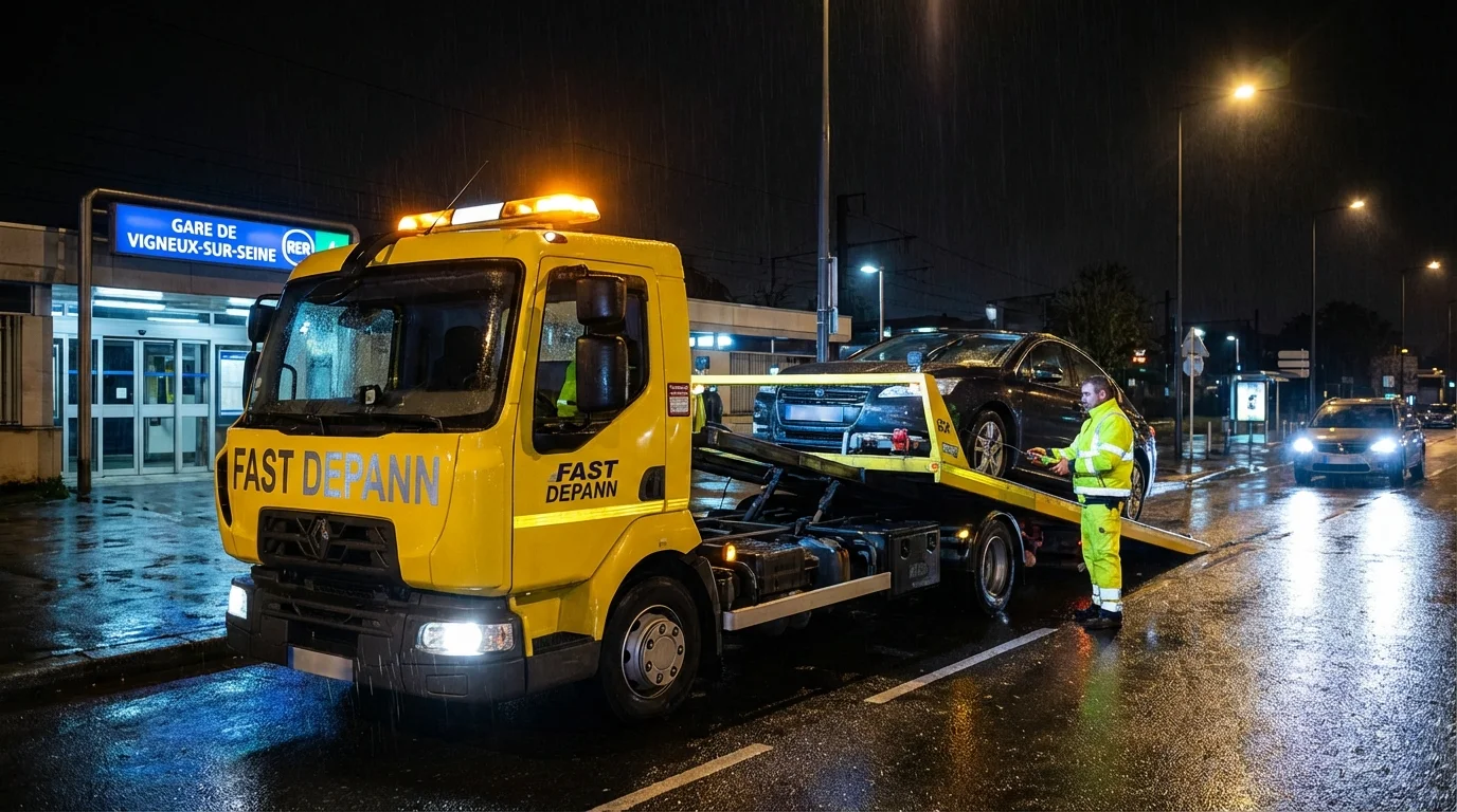 Dépanneuse Fast Depann en intervention de nuit pour charger une voiture en panne près de la gare RER de Vigneux-sur-Seine.
