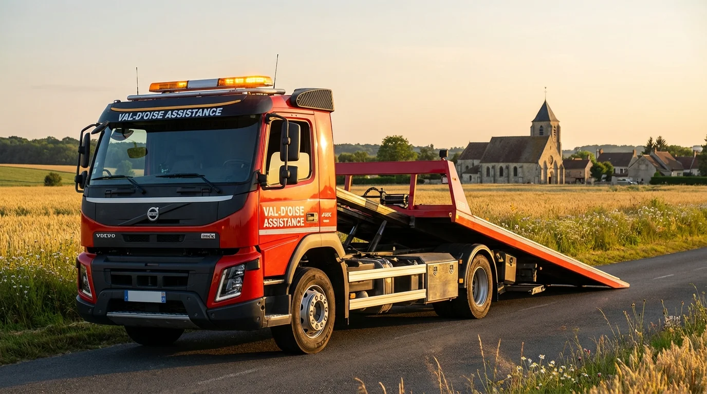 Dépanneuse Fast Depann en intervention sur une route de campagne à Villaines-sous-Bois 95570