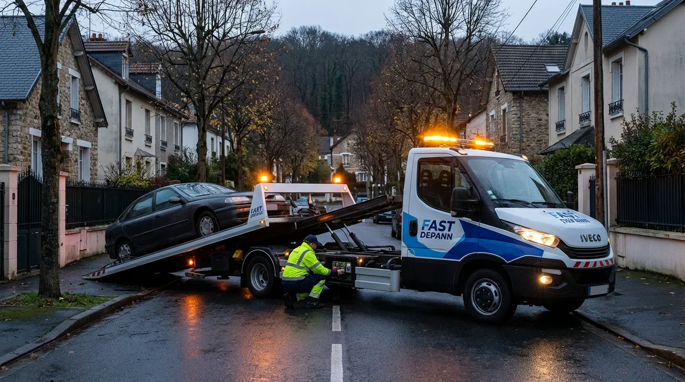 Camion de dépannage Fast Depann en intervention nocturne dans une rue de Ville-d'Avray, chargeant un véhicule en panne.