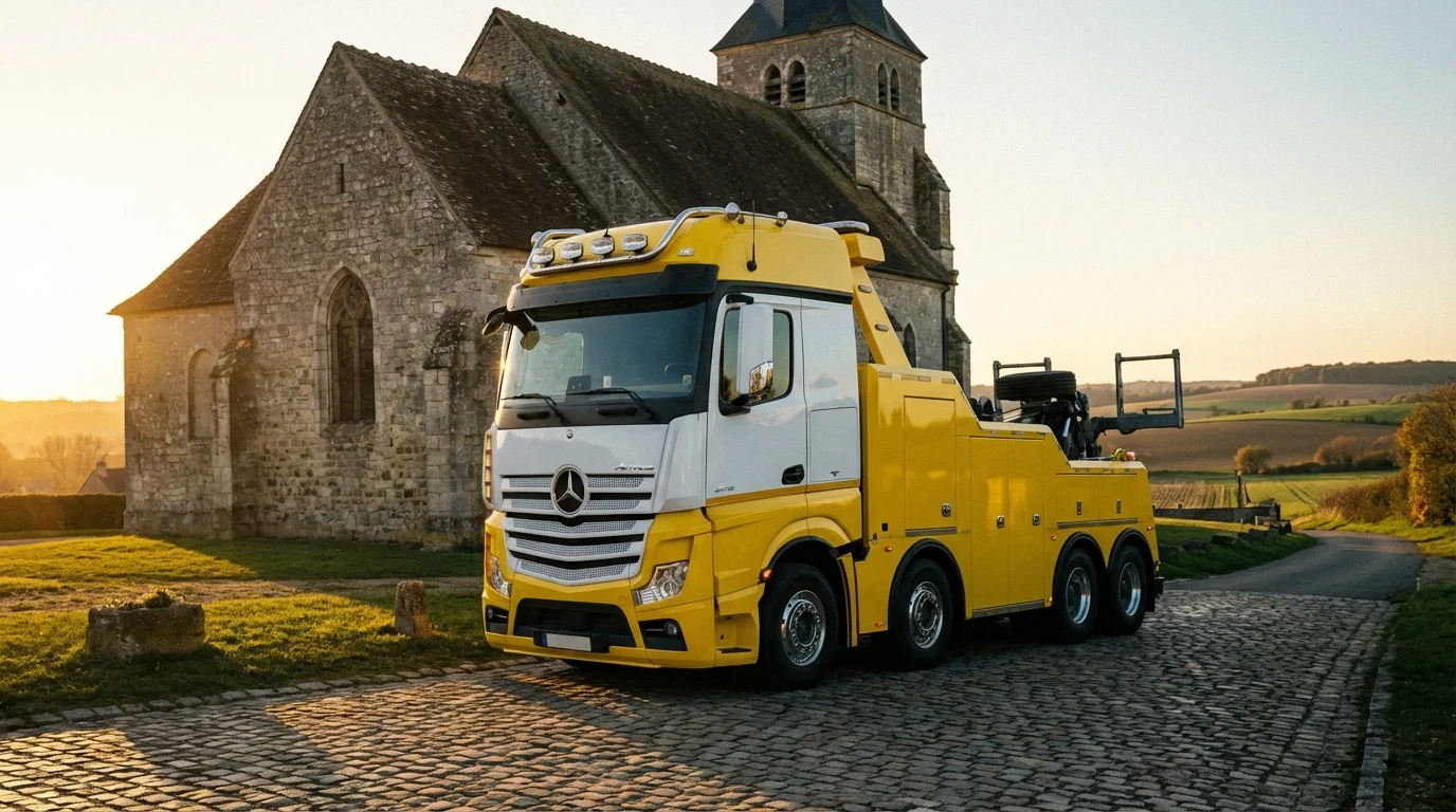 Dépanneuse Fast Depann en intervention devant l'église de Ville-Saint-Jacques