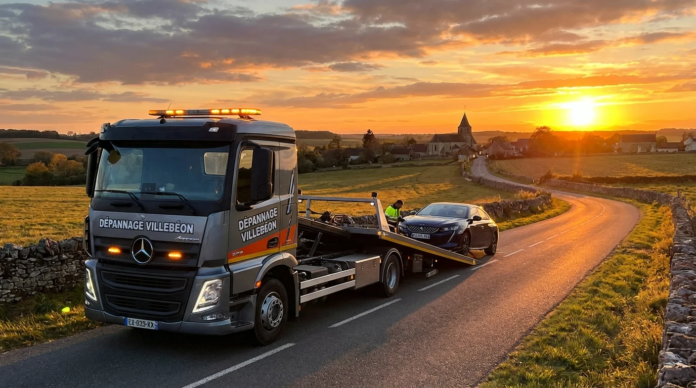 Dépanneuse Fast Depann intervenant sur une route de campagne à Villebeon pour un remorquage auto
