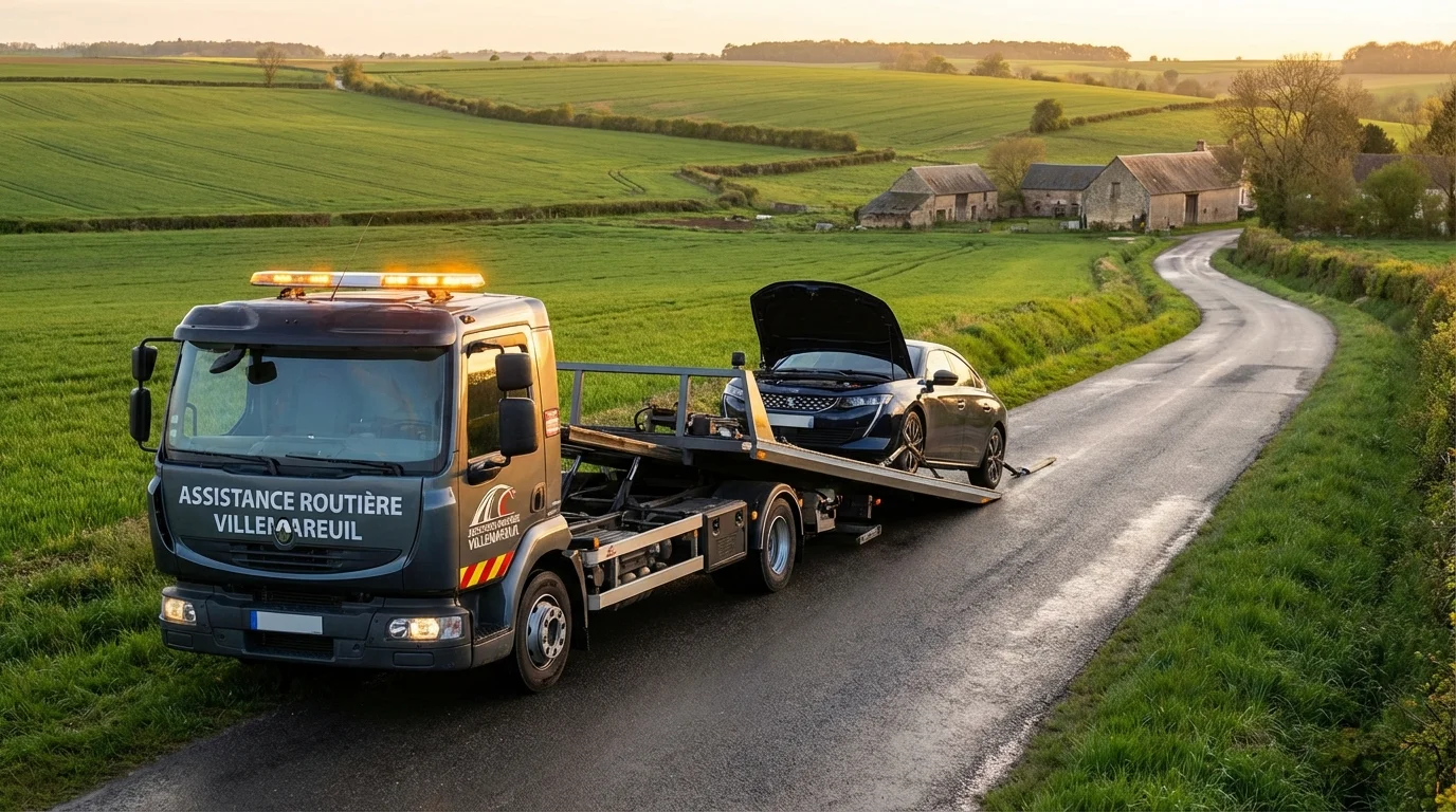 Dépanneuse Fast Depann en intervention sur une route de campagne à Villemareuil