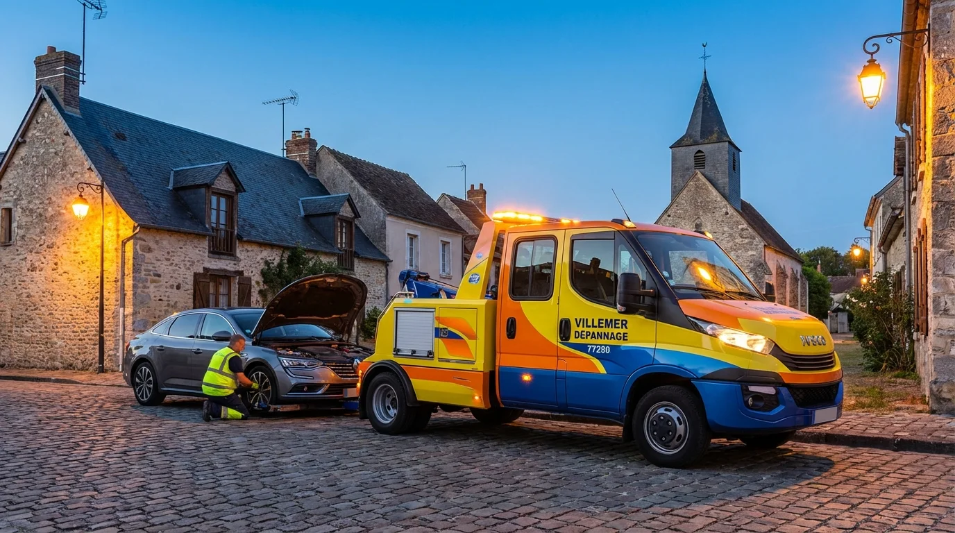 Dépanneuse Fast Depann en intervention de remorquage dans une rue de Villemer 77250