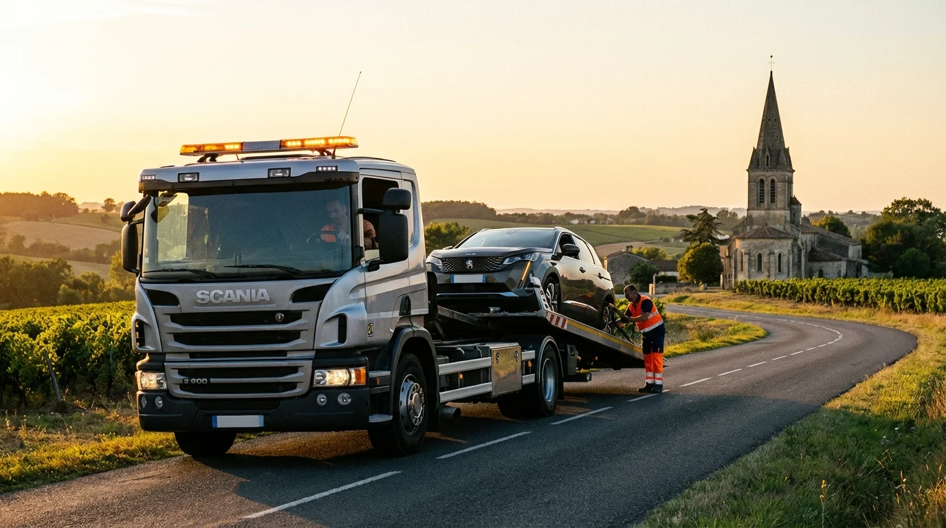 Dépanneuse Fast Depann intervenant sur une route de campagne à Villeneuve-les-Bordes pour un remorquage auto
