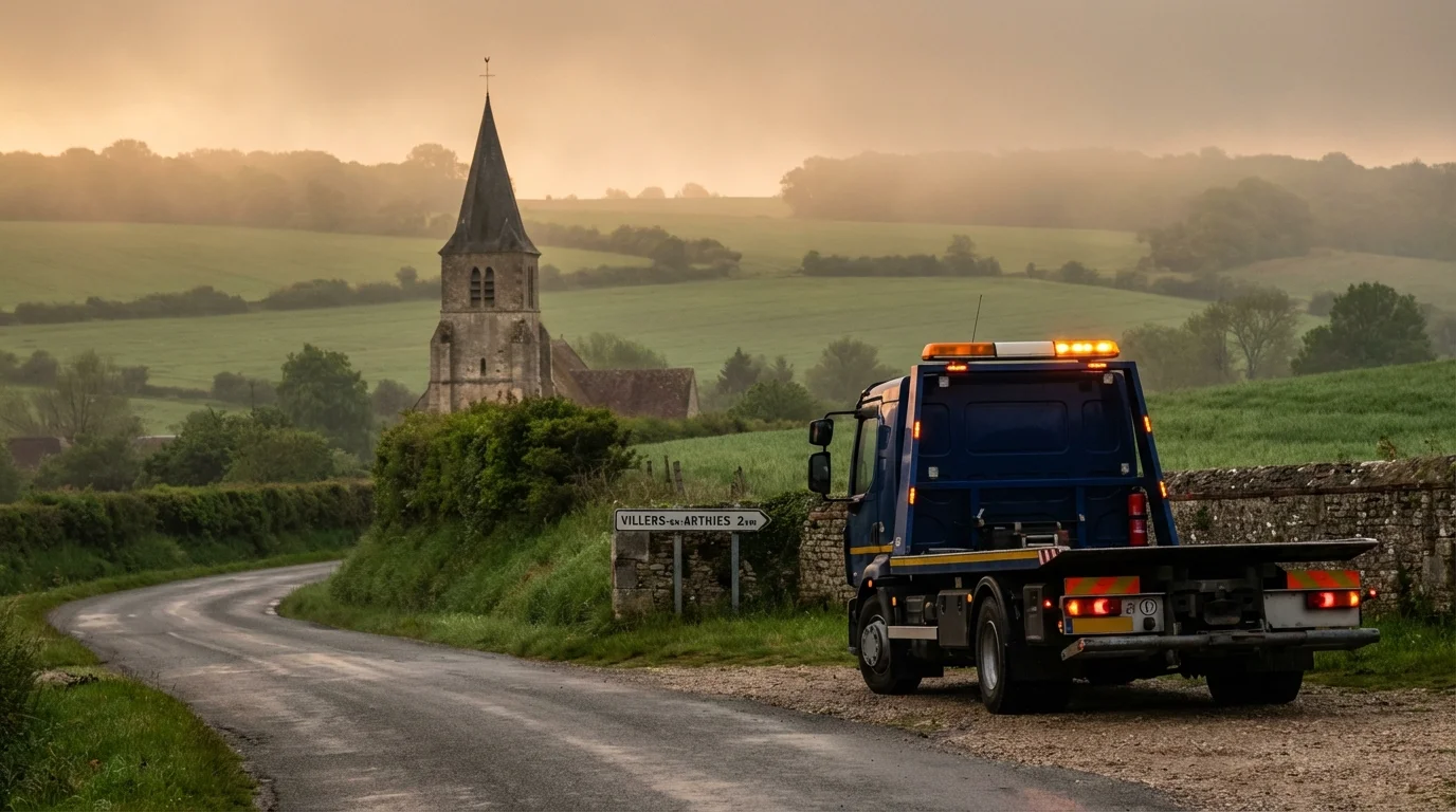 Camion de dépannage Fast Depann en intervention sur une route de campagne à Villers-en-Arthies
