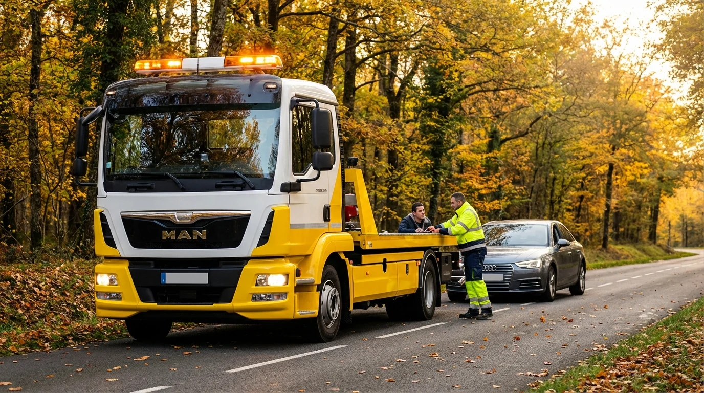 Dépanneuse Fast Depann intervenant sur une route de campagne à Villiers-Adam pour un remorquage automobile