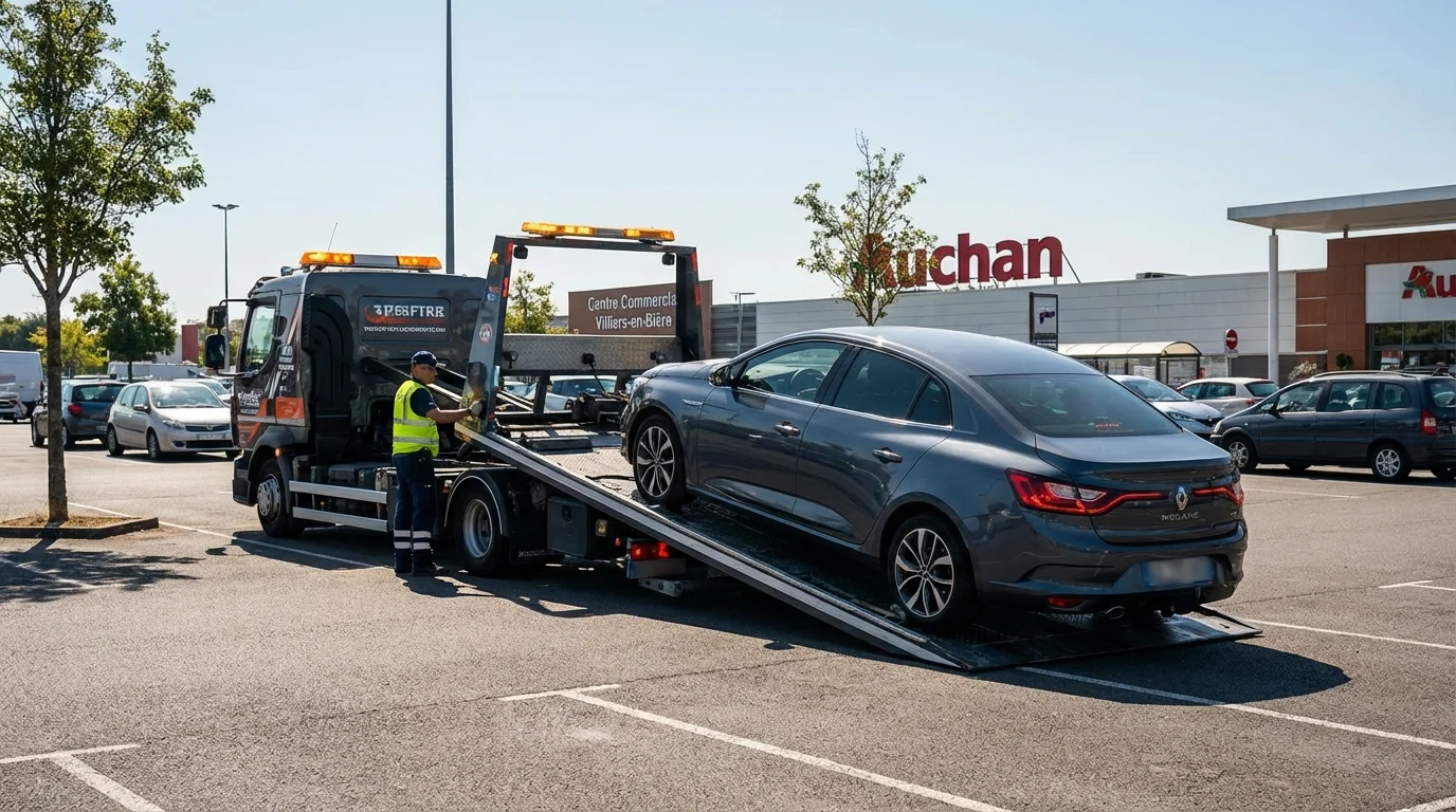 Dépanneuse intervenant sur le parking du centre commercial de Villiers-en-Biere