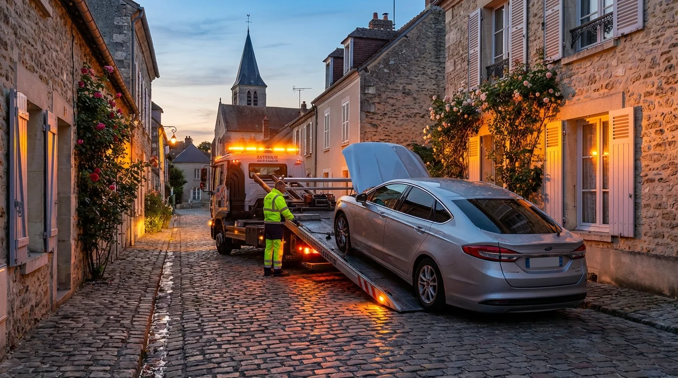 Dépanneuse Fast Depann en intervention rue de la Mairie à Villiers-sur-Morin