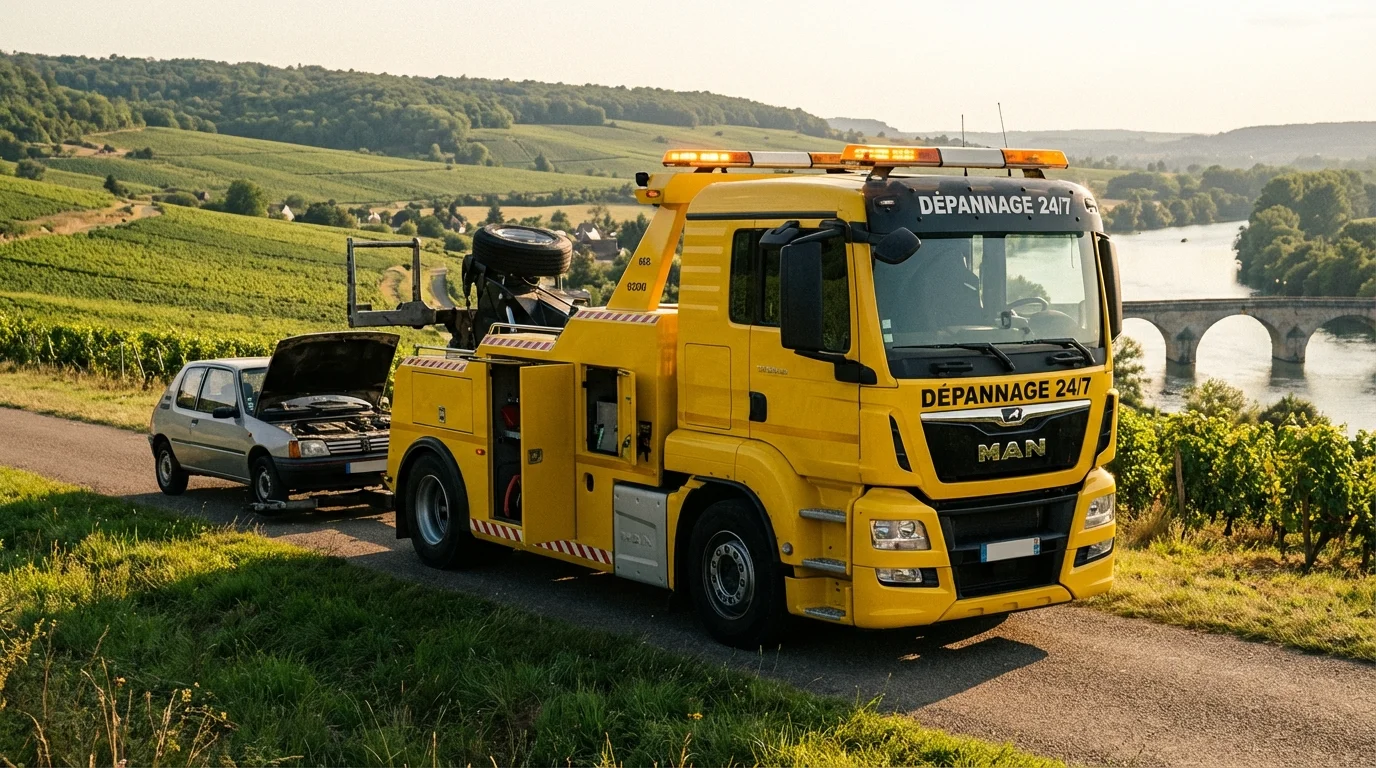 Dépanneuse Fast Depann intervenant sur une voiture en panne à Villiers-sur-Seine près de la rivière